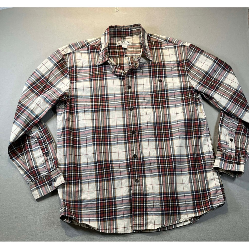 Orvis Classic Collection Mens Large Red Navy Plaid Button Down Long Sleeve Shirt